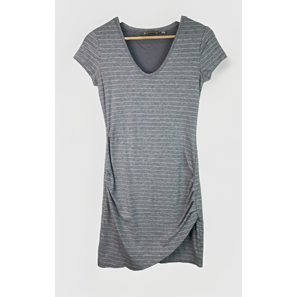 Athleta Women's XS Gray Striped Ruched Scoop Neck Pima Cotton Blend Dress